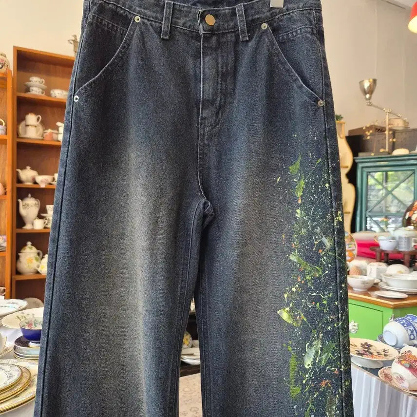 [BUNJANG] Painting Vintage Washed Denim Wide Pants / 페인팅 빈티지 워싱 데님 와이드 팬츠