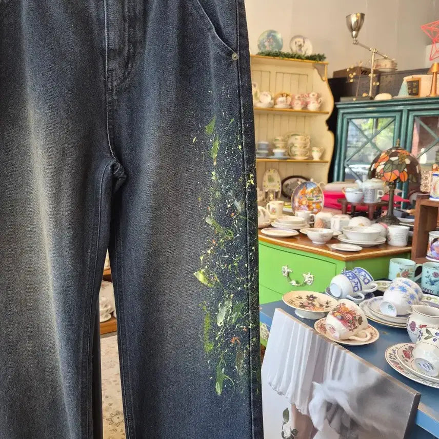 [BUNJANG] Painting Vintage Washed Denim Wide Pants / 페인팅 빈티지 워싱 데님 와이드 팬츠