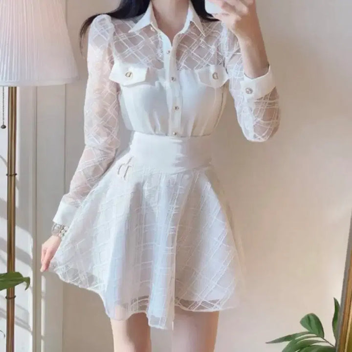 [BUNJANG] White See-through Lace Blouse and Skirt Two-Piece Set / 수입의류 화이트 시스루 레이스 블라우스 스커트 투피스