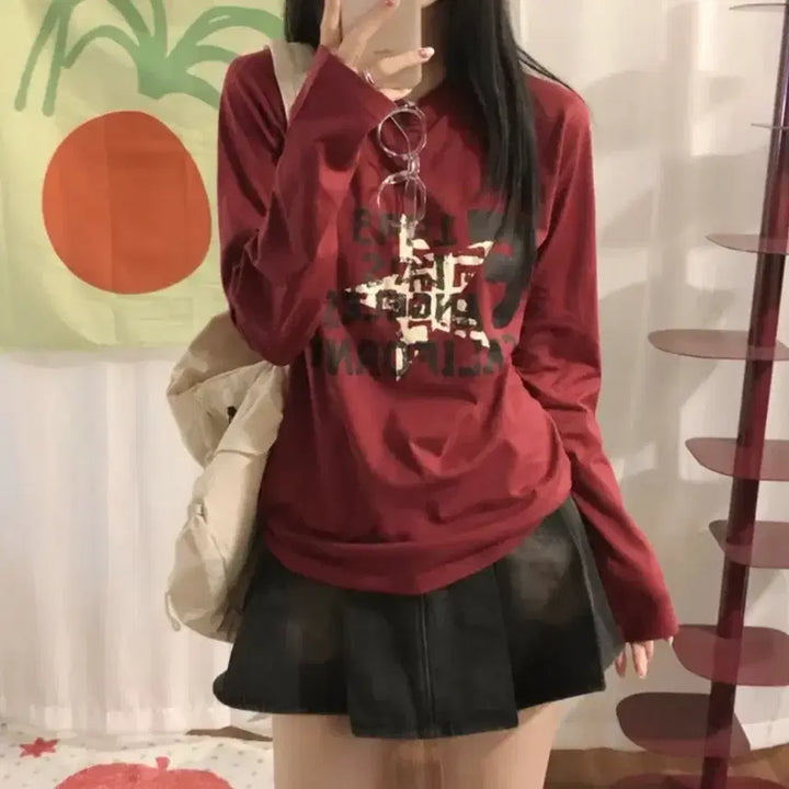 [BUNJANG] Star Vintage Printing Round Neck Long Sleeve T-Shirt / 스타 빈티지 프린팅 라운드넥 긴소매 티셔츠