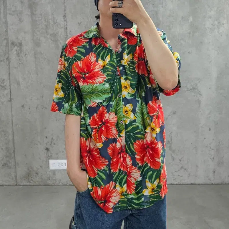 [BUNJANG] Pacific &amp; Co Hawaiian Short Sleeve Shirt Navy Red Leaf Pattern Polyester / PACIFIC 하와이안 셔츠 M0425