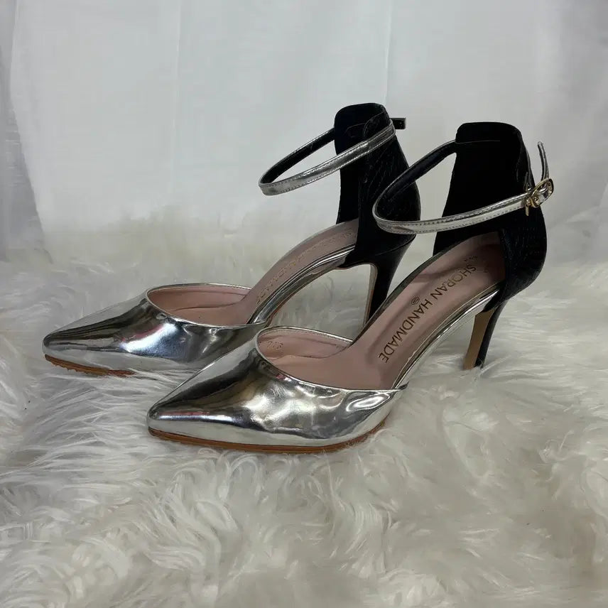 [BUNJANG] Soran Handmade Silver Metallic Ankle Strap Stiletto Heels (Size 235, 9cm Heel) / 소란 핸드메이드 실버메탈릭 앵클 스트랩 스틸레토 힐
