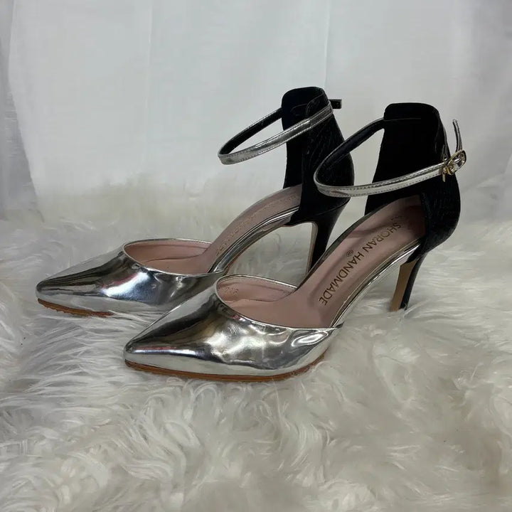 [BUNJANG] Soran Handmade Silver Metallic Ankle Strap Stiletto Heels (Size 235, 9cm Heel) / 소란 핸드메이드 실버메탈릭 앵클 스트랩 스틸레토 힐