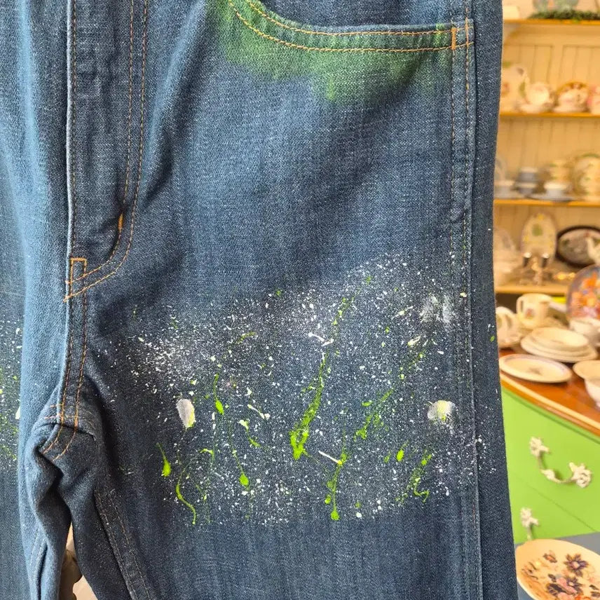 [BUNJANG] Vintage Washed Denim Jeans with Painted Detail and Roll-up Hem / 페인팅 빈티지 워싱 데님 청바지 롤업진