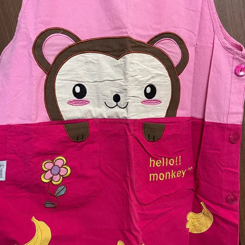 [BUNJANG] Pink Monkey Character Sleeveless Dress Apron / 핑크 몽키 캐릭터 민소매 원피스 앞치마