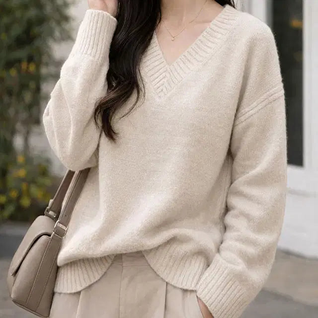 [BUNJANG] SSalshop ST123 V-Neck Knit Pullover Beige / 쎄샵 ST123 도톰 브이넥니트 플오버 베이지 FREE5566-1개