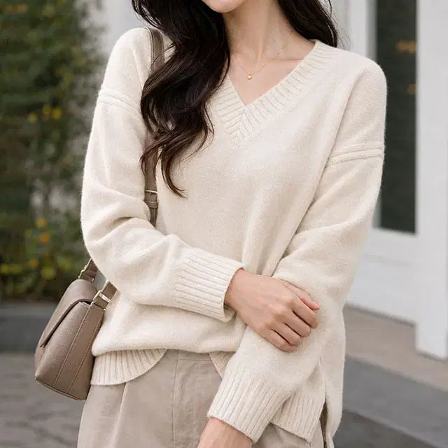 [BUNJANG] SSalshop ST123 V-Neck Knit Pullover Beige / 쎄샵 ST123 도톰 브이넥니트 플오버 베이지 FREE5566-1개