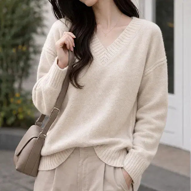 [BUNJANG] SSalshop ST123 V-Neck Knit Pullover Beige / 쎄샵 ST123 도톰 브이넥니트 플오버 베이지 FREE5566-1개