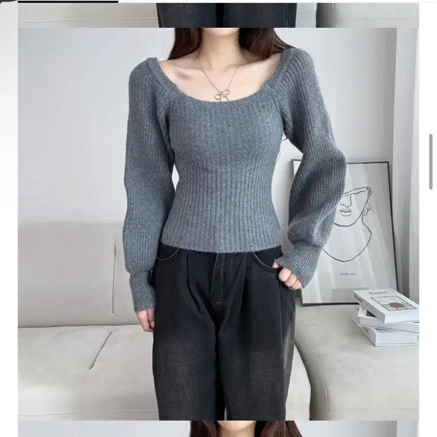 [BUNJANG] Square Neck Puff Sleeve Knit - Charcoal / (새상품) 스퀘어넥 퍼프소매 니트 차콜