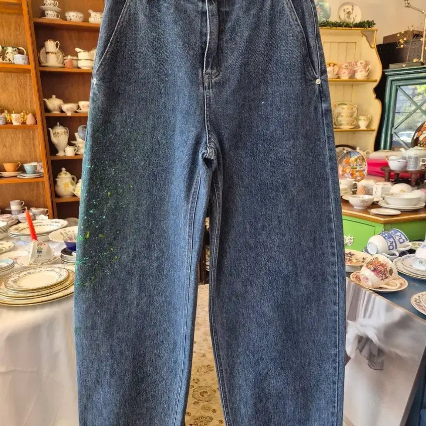 [BUNJANG] Blue Splash Curved Denim Wide Pants / 청색 스플래시 커브드 데님 와이드 팬츠