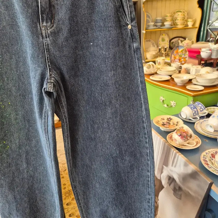 [BUNJANG] Blue Splash Curved Denim Wide Pants / 청색 스플래시 커브드 데님 와이드 팬츠