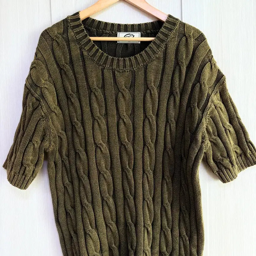 [BUNJANG] Gubin Cable Knit Short Sleeve Knit (Olive Green, L) / Gubin 반팔 케이블 니트