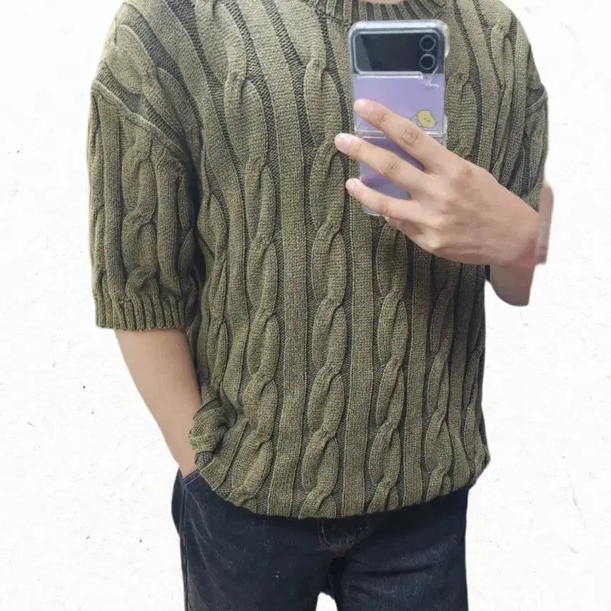 [BUNJANG] Gubin Cable Knit Short Sleeve Knit (Olive Green, L) / Gubin 반팔 케이블 니트
