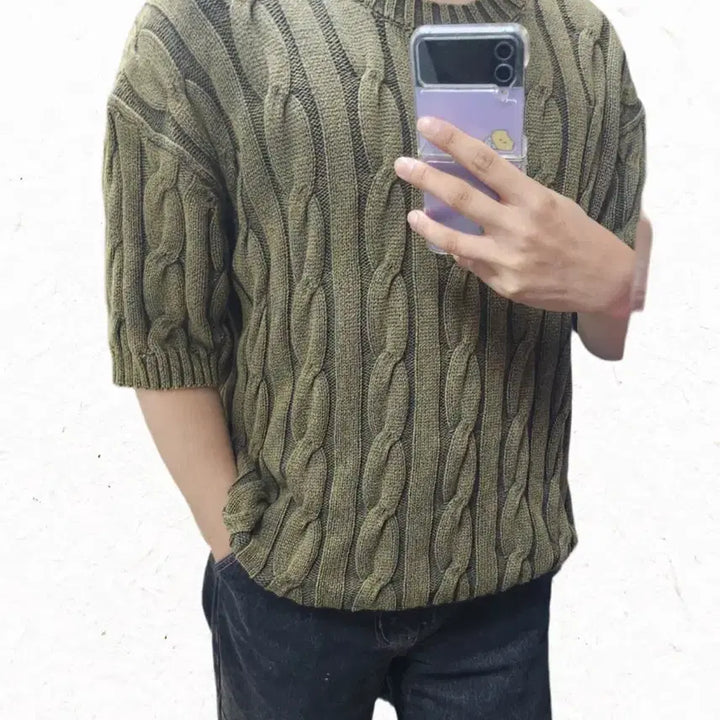[BUNJANG] Gubin Cable Knit Short Sleeve Knit (Olive Green, L) / Gubin 반팔 케이블 니트