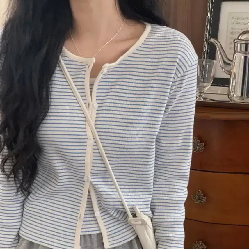 [BUNJANG] Stripe Long Sleeve Cardigan - Blue / 스트라이프 가디건 블루 여름긴팔 에이블리 슬림핏