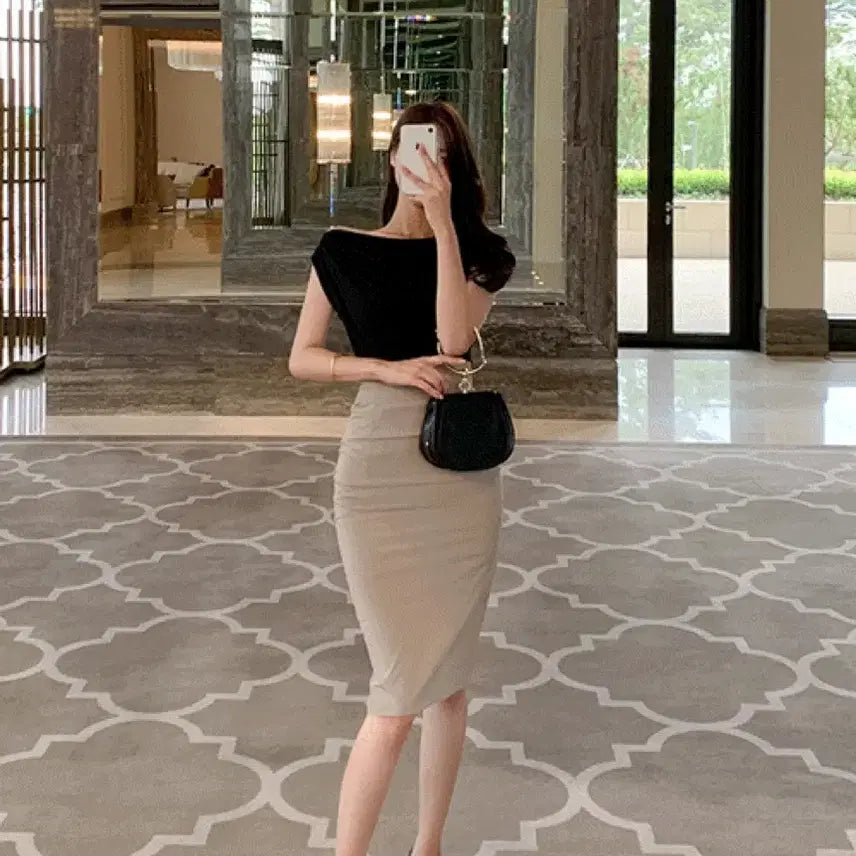 [BUNJANG] Lenne Summer Shimmering Skirt (Sky Grey/Beige) - Size S / 렌느 썸머 미스트 셔링 스커트 S (소라그레이/베이지, 상태좋음