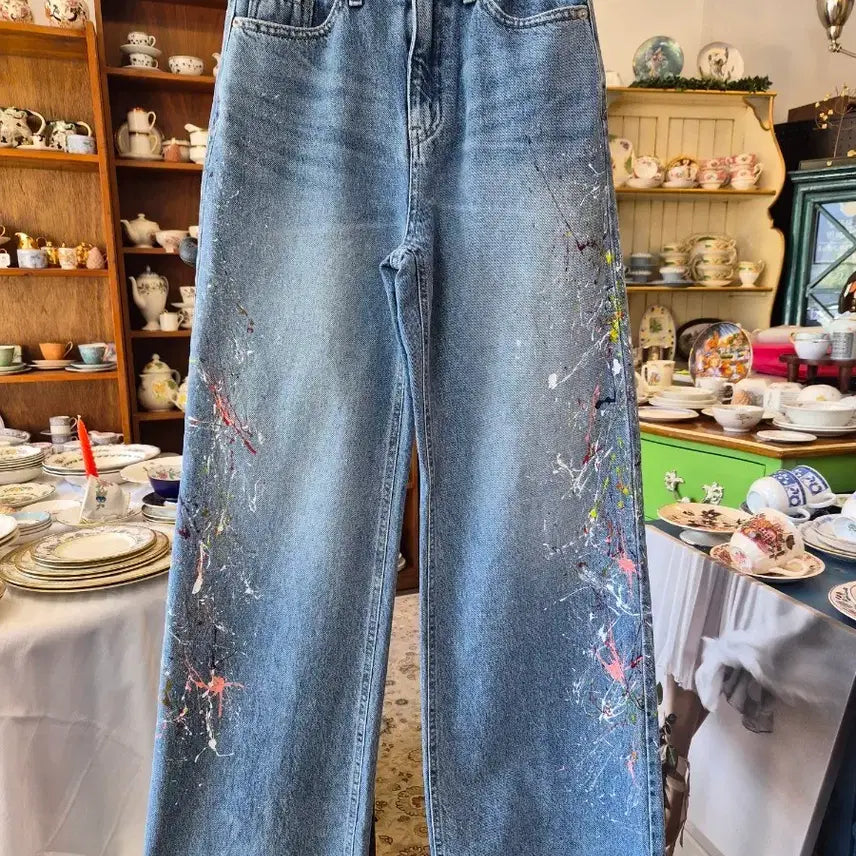 [BUNJANG] Painting Washing Wide Denim Pants / 페인팅 워싱 와이드 데님 팬츠