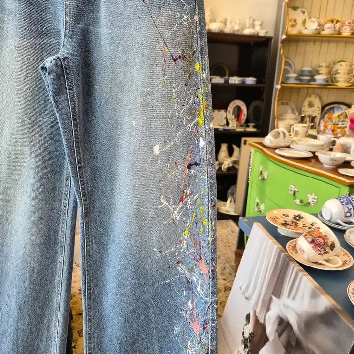 [BUNJANG] Painting Washing Wide Denim Pants / 페인팅 워싱 와이드 데님 팬츠