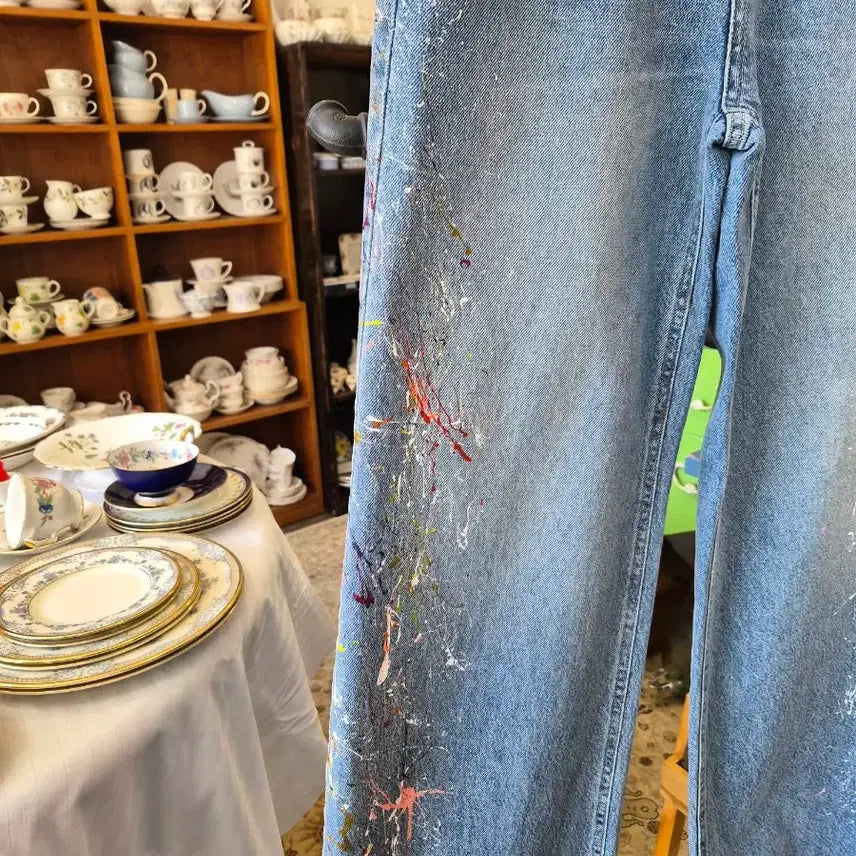 [BUNJANG] Painting Washing Wide Denim Pants / 페인팅 워싱 와이드 데님 팬츠
