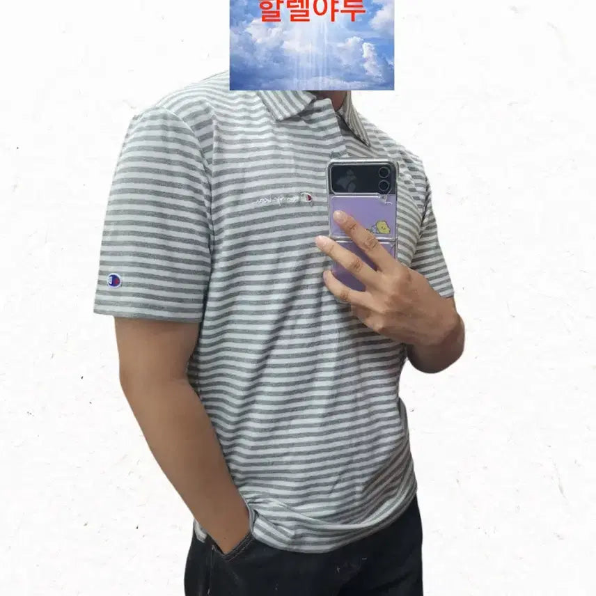 [BUNJANG] Champion Striped Short Sleeve Polo Shirt L / 챔피온 스트라이프 반팔 폴로티 L