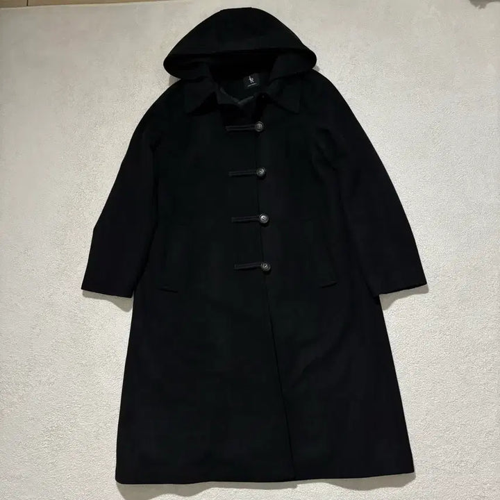 [BUNJANG] Zigzag Cashmere Melton Duffle Hoody Long Coat Black (Wool 54%) / 지그재그 캐시미어 멜톤 더플 후디 롱 코트 블랙 (울 54)