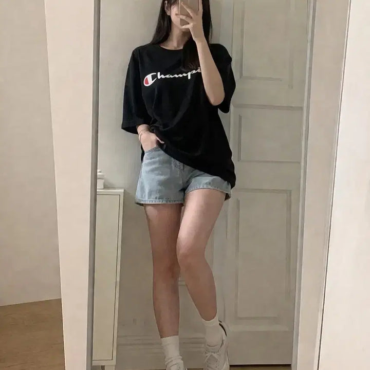 [BUNJANG] Champion Big Logo Short Sleeve T-Shirt Black M / 챔피온 빅로고 반팔티 블랙 M (루즈핏/데일리 기본템)