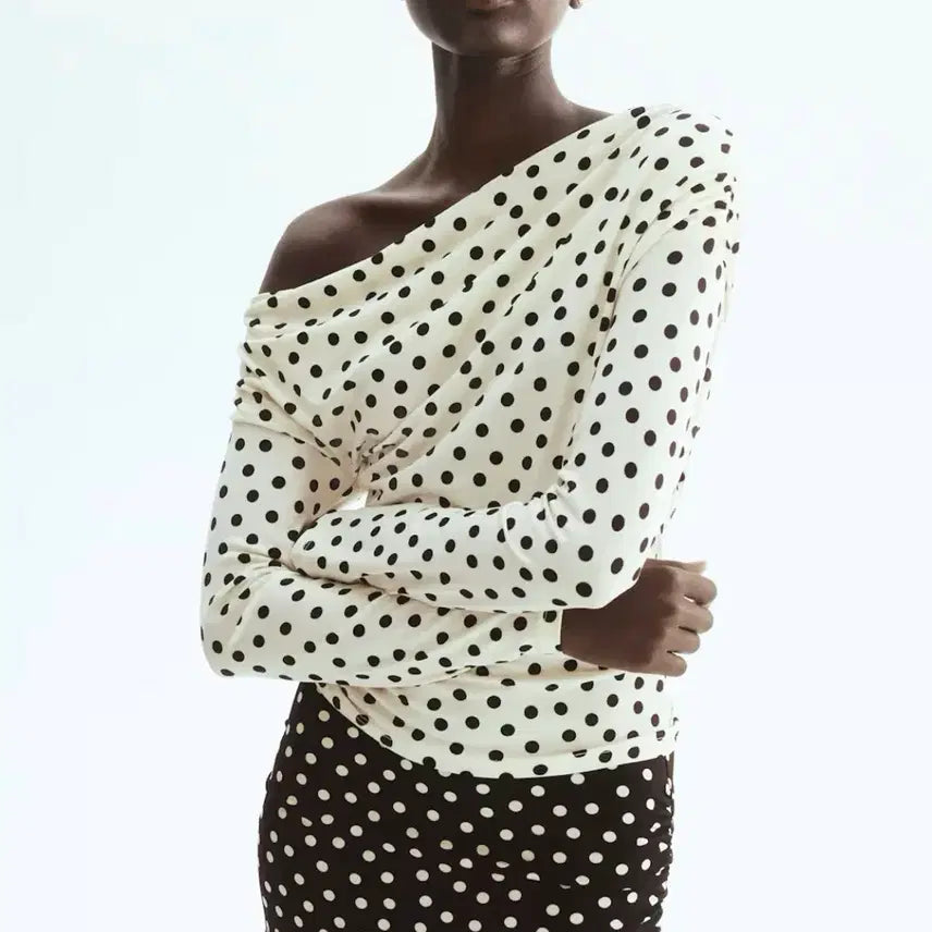 [BUNJANG] H&amp;M One-Shoulder Draped Polka Dot Top / H&amp;M 원숄더 드레이프 도트 탑