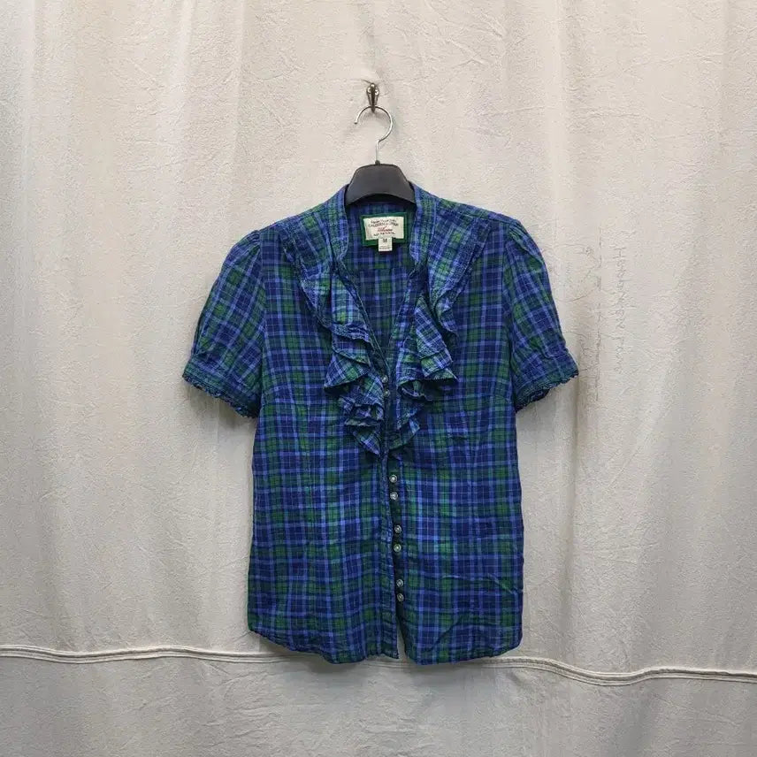 [BUNJANG] Whoau Check Frill Short-Sleeve Blouse / 후아유 체크 프릴 반팔 블라우스