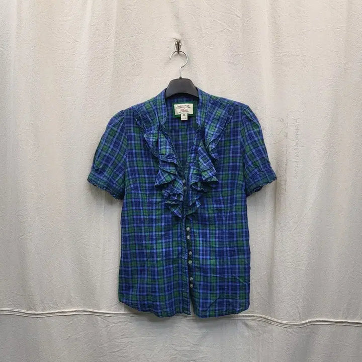 [BUNJANG] Whoau Check Frill Short-Sleeve Blouse / 후아유 체크 프릴 반팔 블라우스