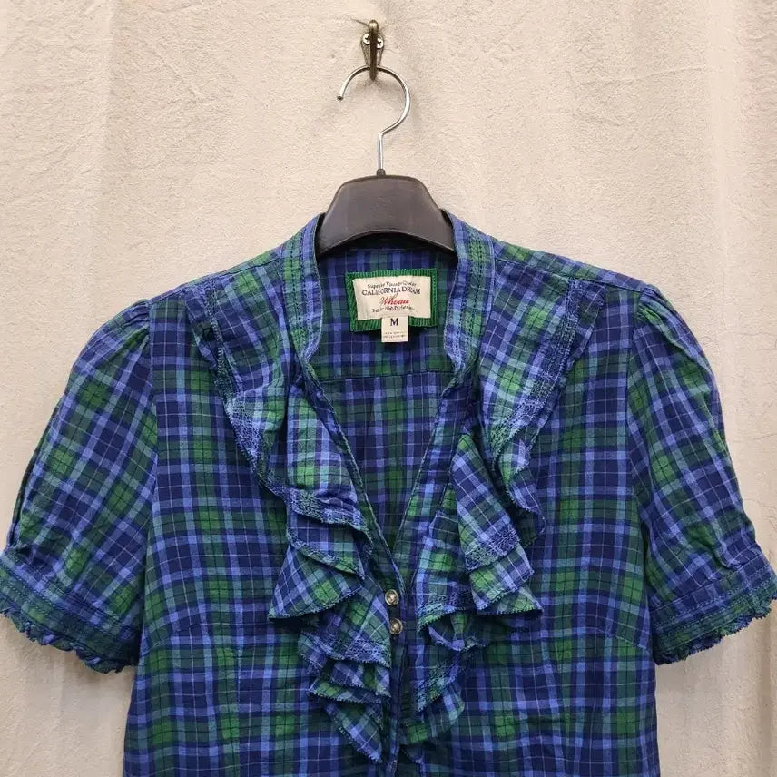 [BUNJANG] Whoau Check Frill Short-Sleeve Blouse / 후아유 체크 프릴 반팔 블라우스