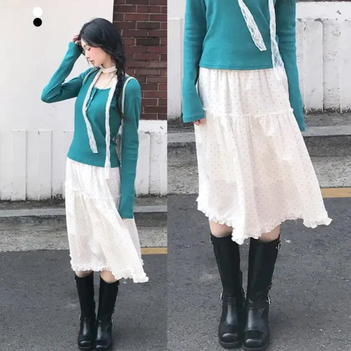 [BUNJANG] Dot Frill Banding Long Skirt / 도트  프릴 밴딩 롱스커트  치마 스커트 그레이레이즈 에이블리 지그재그