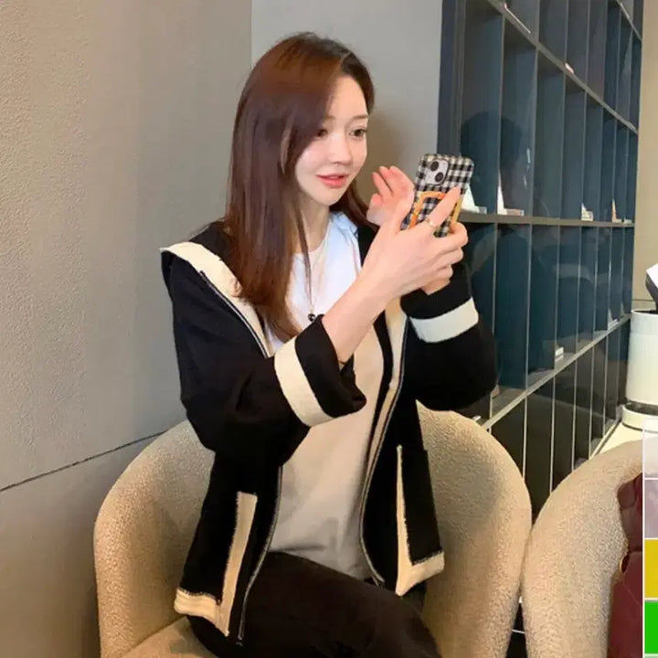 [BUNJANG] Mins Shop Colorblock Knit Hooded Zip-Up (New) / 원가7[새상품] 하이퀄리티 배색라인 니트 후드집업 민스샵