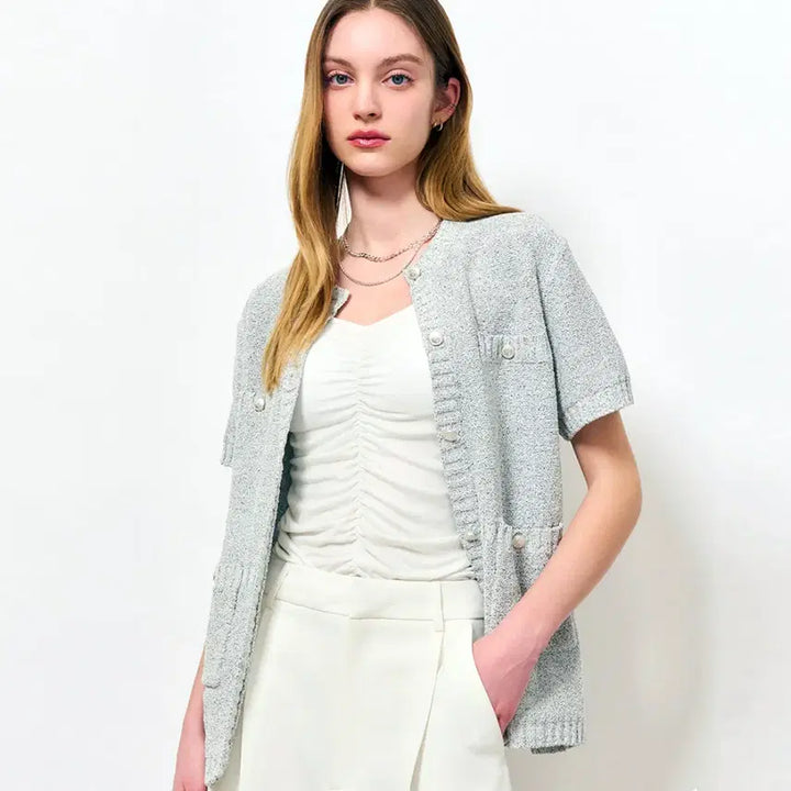 [BUNJANG] General Idea Loose Fit Tweed Half Cardigan Light Grey / 제너럴아이디어 루즈핏 트위드 하프가디건 55-66 새상품