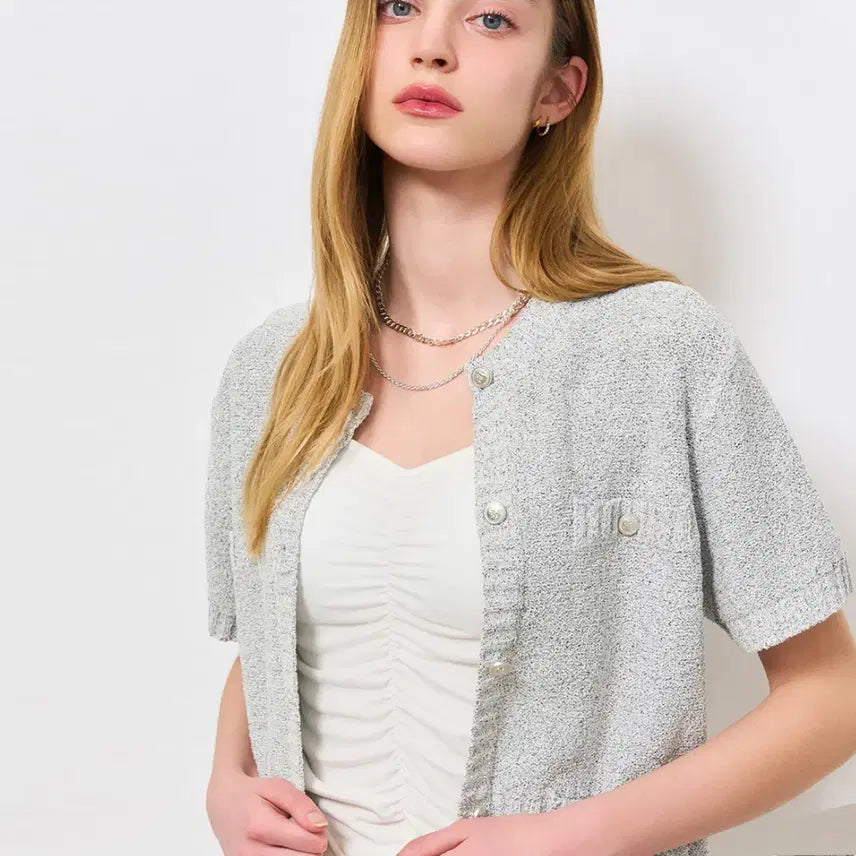 [BUNJANG] General Idea Loose Fit Tweed Half Cardigan Light Grey / 제너럴아이디어 루즈핏 트위드 하프가디건 55-66 새상품