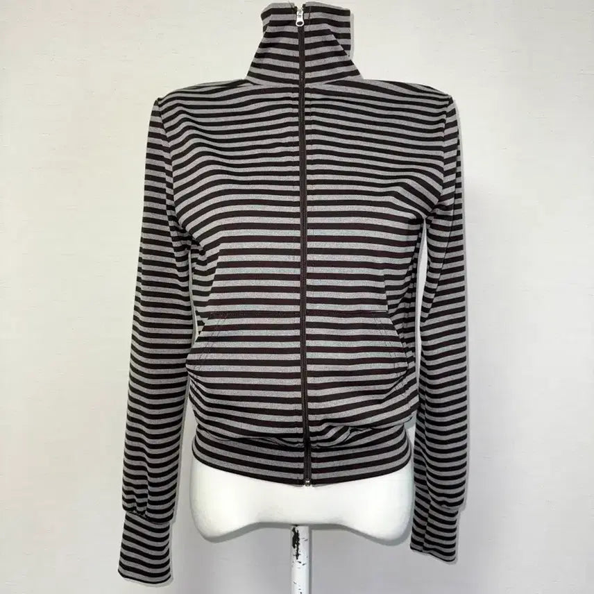 [BUNJANG] High Neck Stripe Zip-Up Jersey / 하이넥 스트라이프 집업 져지