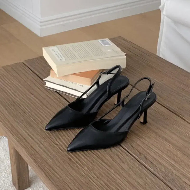 [BUNJANG] Basic Black Stiletto Slingback Heels (7cm, Size 235) / 기본 블랙 뾰족코 스틸레토 슬링백 구두 미들힐 7센치 235