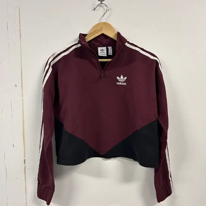 [BUNJANG] Adidas Three Stripes Cropped Half Zip Burgundy Black / XS) 아디다스 삼선 크롭 하프집업 버건디 블랙