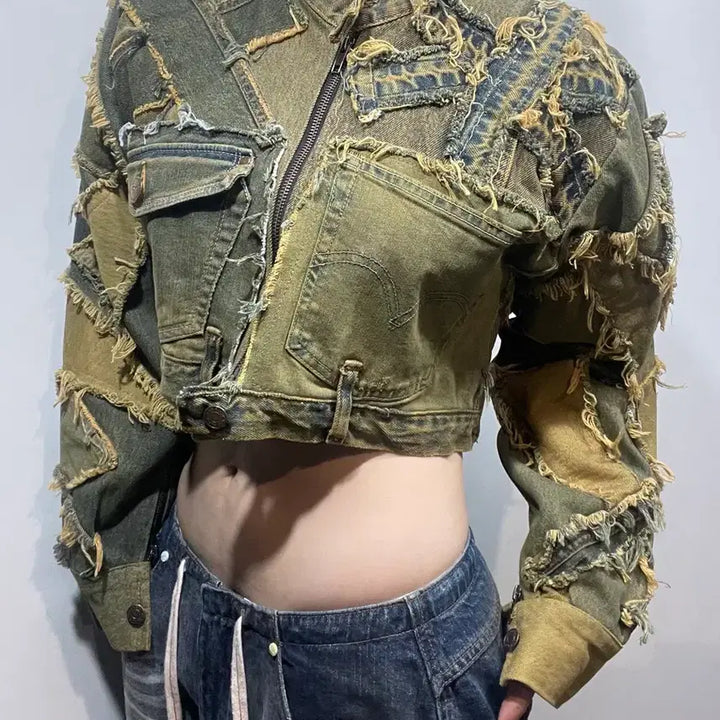 [BUNJANG] Vintage Denim Cropped Jacket Distressed Style / 빈티지 데님 크롭 자켓 데미지 스타일