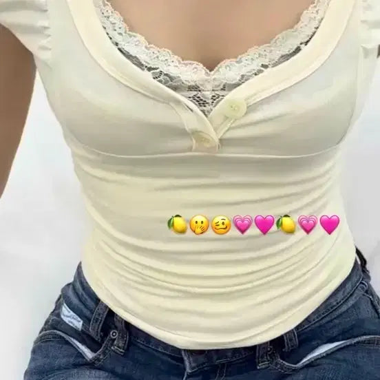 [BUNJANG] Please No Follow Sia Button Shirring Short Sleeve Top Lemon / 플리즈노팔로우 Sia Button 시아버튼탑 레몬