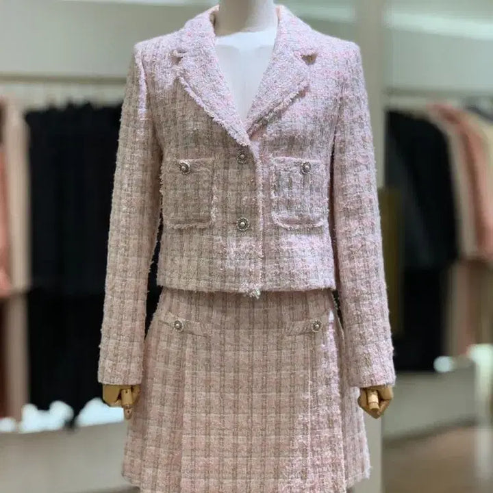 [BUNJANG] Satin Tweed Pink Jacket Skirt Set / 샤틴 트위드 핑크 자켓 스커트 셋업