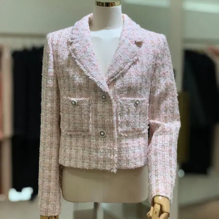 [BUNJANG] Satin Tweed Pink Jacket Skirt Set / 샤틴 트위드 핑크 자켓 스커트 셋업