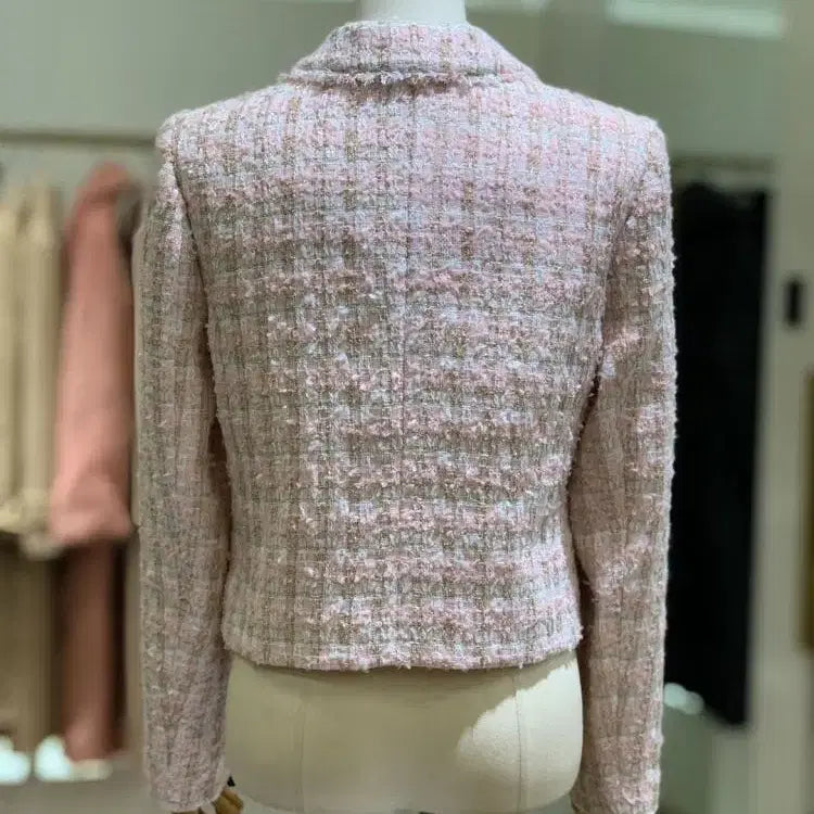 [BUNJANG] Satin Tweed Pink Jacket Skirt Set / 샤틴 트위드 핑크 자켓 스커트 셋업