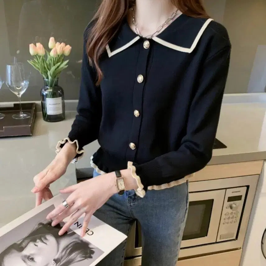 [BUNJANG] Collared Frill Knit Cardigan / 카라 프릴 니트 가디건