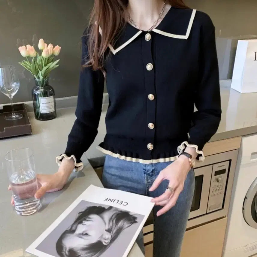 [BUNJANG] Collared Frill Knit Cardigan / 카라 프릴 니트 가디건
