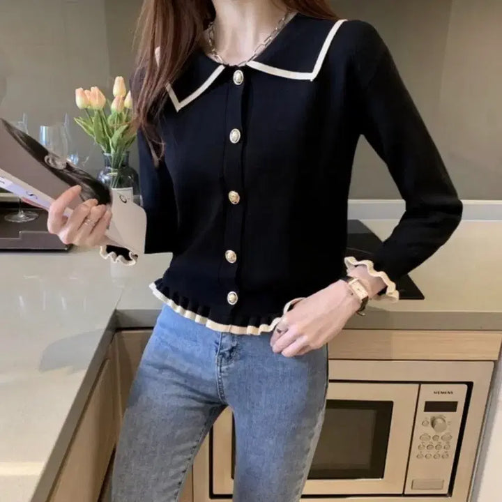 [BUNJANG] Collared Frill Knit Cardigan / 카라 프릴 니트 가디건