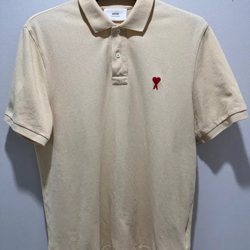 [BUNJANG] AMI Small Heart Logo Short Sleeve Polo Shirt Ivory L / 아미 스몰하트로고 반팔폴로셔츠 아이보리 L사이즈