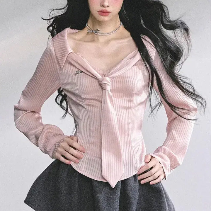 [BUNJANG] UrbanSheek Pink Stripe Ribbon Blouse S / UrbanSheek 핑크 스트라이프 리본 블라우스 S