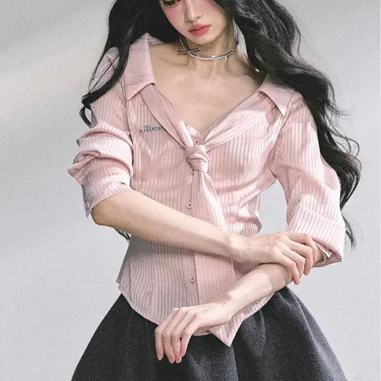 [BUNJANG] UrbanSheek Pink Stripe Ribbon Blouse S / UrbanSheek 핑크 스트라이프 리본 블라우스 S