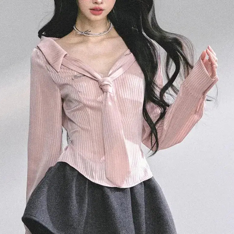 [BUNJANG] UrbanSheek Pink Stripe Ribbon Blouse S / UrbanSheek 핑크 스트라이프 리본 블라우스 S