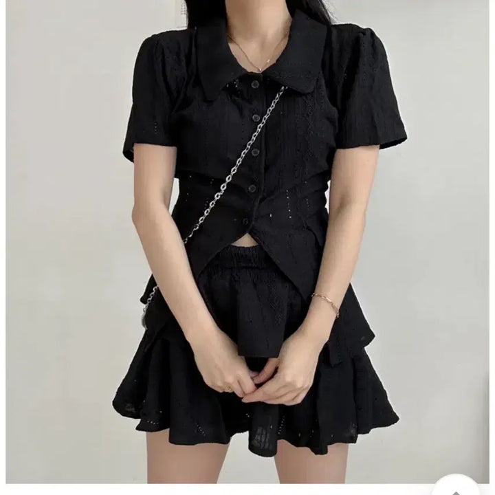 [BUNJANG] Avery Lace Punching Collar Blouse A-Line Waistband Mini Skirt Two-Piece Set / 에이블리 레이스 펀칭 카라 블라우스 A라인 허리밴딩 미니스커트 투피스
